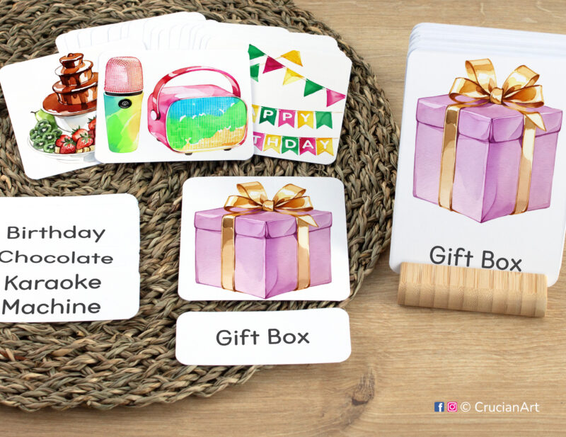 Early reading activity using three-part cards: gift box flashcard, word card, and picture card. Set of birthday party themed sight words for preschool and kindergarten literacy activities.