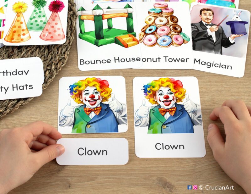 Birthday party three-part cards in practice: toddler pairing word label with corresponding happy clown image card. Happy birthday-themed printable classroom activity for three year old and four year old children.