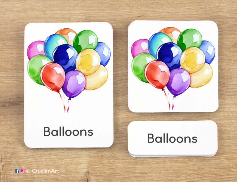 Birthday party theme 3-part cards homeschool printables. DIY educational resources for preschool curriculum. Birthday balloons picture card, word card and control card.