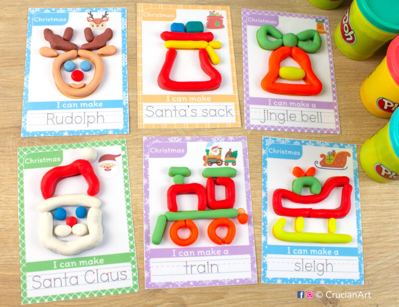 Christmas holiday themed playdough mats for toddlers and preschoolers with images of Santa Claus, Santa's Sleigh, Rudolph the Reindeer, Christmas Train, Santa's Sack, and Jingle Bell.