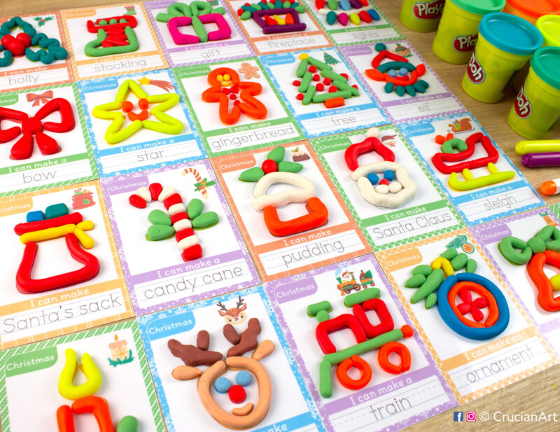 Set of Christmas Holiday Season printable materials for playdough sensory station. Playdough mats for Play-Doh with images of Santa Claus, Santa's sack, elf, Rudolph, Christmas tree, gift, gingerbread, stocking, candy cane, bow, pudding, sleigh, fireplace, train, Christmas ornaments, star, holly.