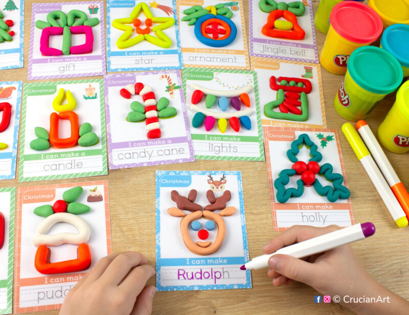 Printable Christmas season playdough mats. Holiday play dough mat with Rudolph the Reindeer. Do-it-yourself language learning educational resources for childcare centers.