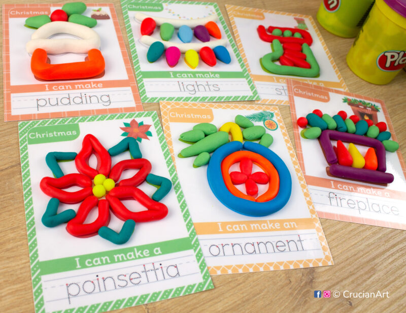 Christmas Holiday themed playdough mats for toddlers and preschoolers with images of Christmas Ornaments, Poinsettia, Fireplace, Christmas Lights, Stockings and Pudding.