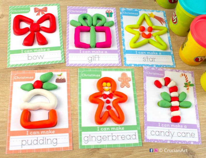 Christmas season themed playdough mats for toddlers and preschoolers with images of a gingerbread man, Candy cane, Christmas star, bow, gift, and Christmas pudding.