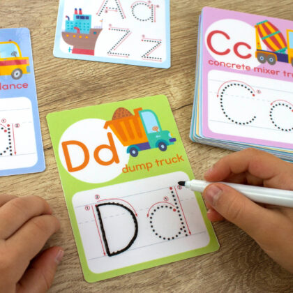 Cars and Trucks theme alphabet letter tracing and beginning sounds flashcards for preschoolers. D is for dump truck, c is for concrete mixer truck, a is for ambulance. Learning printables for three, four and five year olds. Diy printable ABC educational resource for early language development.