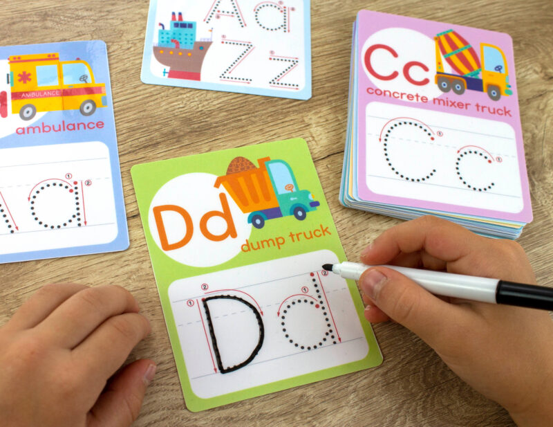 Cars and Trucks theme alphabet letter tracing and beginning sounds flashcards for preschoolers. D is for dump truck, c is for concrete mixer truck, a is for ambulance. Learning printables for three, four and five year olds. Diy printable ABC educational resource for early language development.