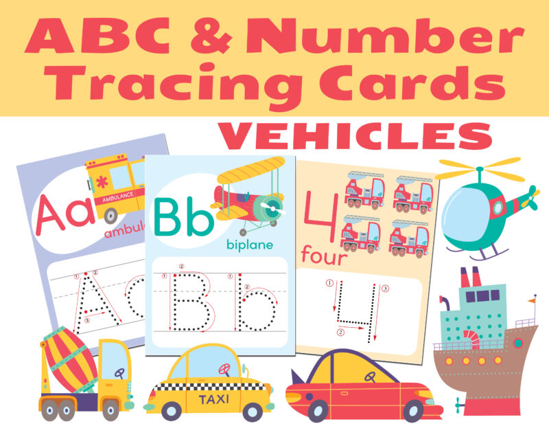 Vehicles alphabet and numbers tracing cards for early literacy education. Learn beginning sounds and how to write uppercase and lowercase letters with trucks and cars. Preschool and kindergarten printables.