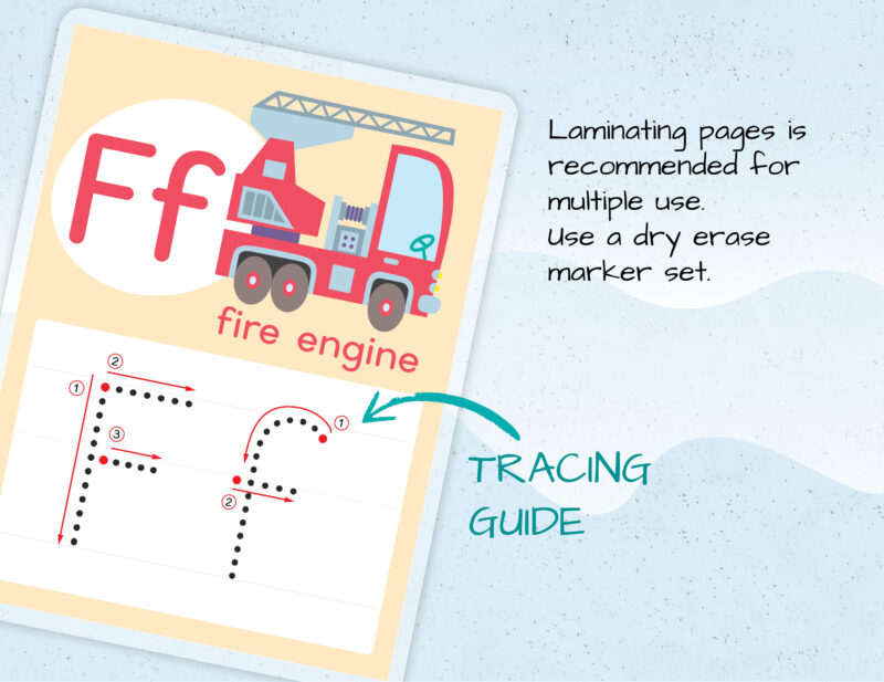 Printable transportation alphabet flashcards with tracing guide to learn how to write uppercase and lowercase letters. F is for fire engine truck. Vehicles theme educational printables for three and four year old preschoolers.