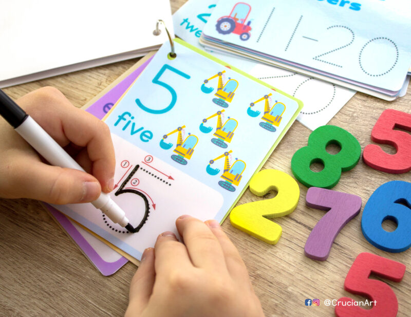 Vehicles theme number tracing cards with guide lines. Count cars and trucks and learn how to write numbers. Educational printables for three year olds and four year olds.