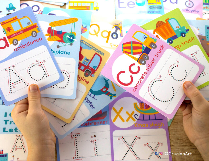 Bundle of vehicles theme alphabet letters and number tracing flashcards. Printable learning material to teach three and four year old kids how to write letters and numbers with trucks and cars illustrations. Cards with beginning sounds and tracing guides.