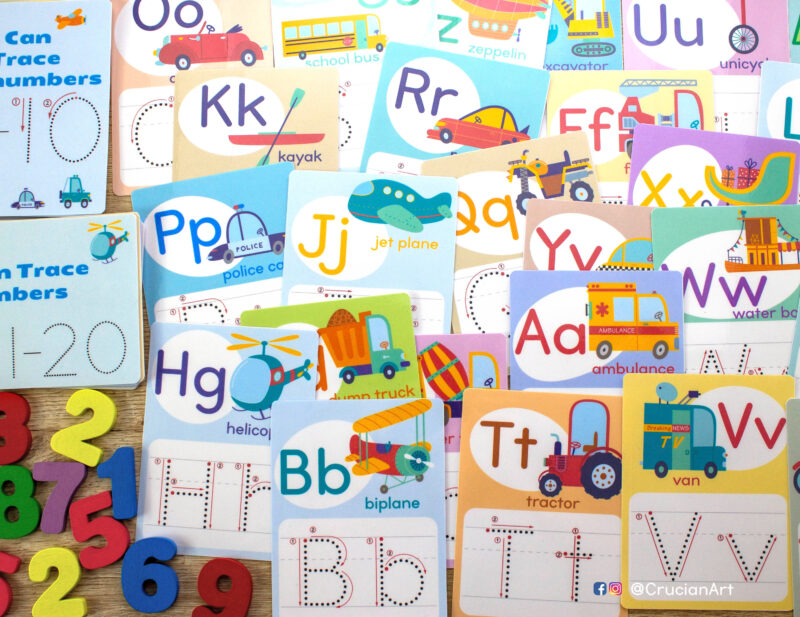 Set of educational alphabet and number flashcards. Printable cards to teach kids beginning sounds with cars and trucks and how to write uppercase and lowercase letters. Transportation theme number tracing cards with guide lines.