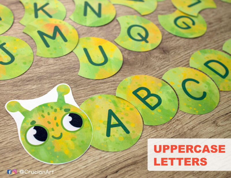 Caterpillar puzzle printable activity for toddler and preschool classrooms to learn alphabet letters sequencing. Early learning diy resource for teachers and homeschooling.