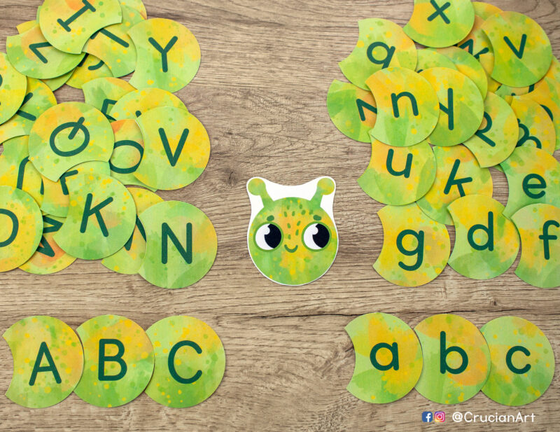 Build caterpillar theme alphabet puzzle preschool printable activity. Learn letters sequence play. Diy literacy resource for toddler and kindergarten teachers.