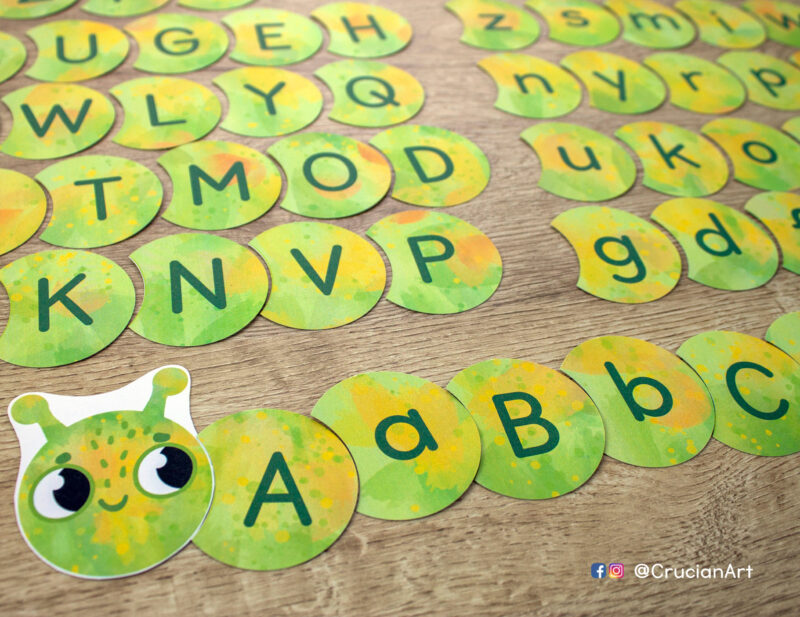 Caterpillar theme printable alphabet puzzle for toddler and preschool classrooms to learn uppercase and lowercase letters order. Early learning diy resource for teachers and homeschooling.