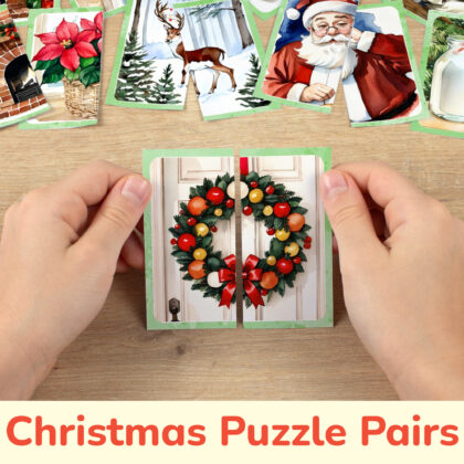 Christmas holiday season theme picture puzzles for toddler and preschool education: watercolor image of Xmas wreath. DIY classroom resources for seasonal Christmastime learning.