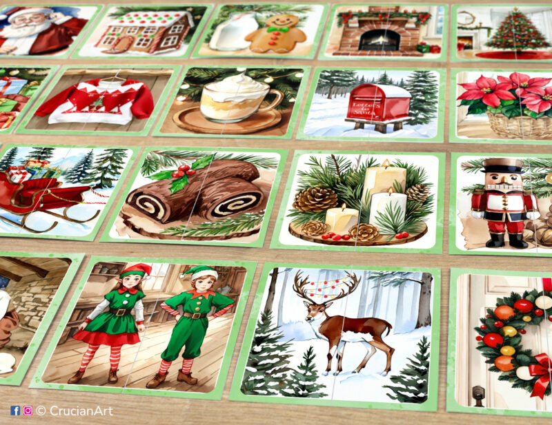 Set of Christmas holiday theme puzzle pairs to print for classroom activity. Picture puzzles: Elves, Rudolph Reindeer, Santa's Mailbox, Candles, Nutcracker, Yule Log. DIY toddler and preschool matching game.