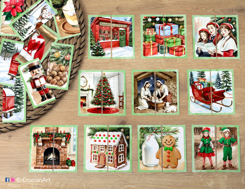 Match the puzzle halves printable activity for early learning. Christmas holiday picture puzzles: Nativity Scene, Christmas Tree, Santa's Workshop, Gingerbread Man, Elves, Gingerbread House, Santa's Sleigh, Christmas Caroling.