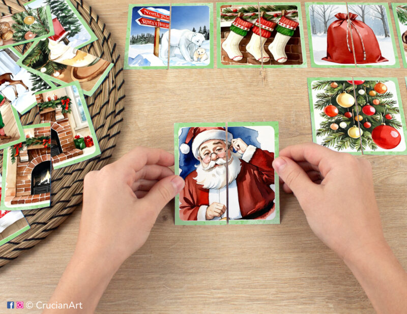 Kids puzzle matching activity in use: watercolor picture puzzle with Santa Claus. Montessori printables for two year olds. Christmas holiday season puzzles: stockings, Christmas ornaments, Santa's sack, North Pole.