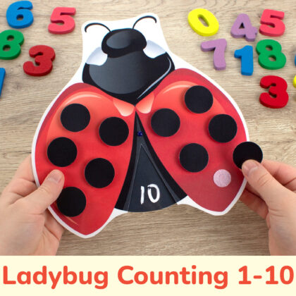 Ladybug spot counting activity for toddlers and preschoolers. Spring and summer season learning resource to practice numbers from one to ten.