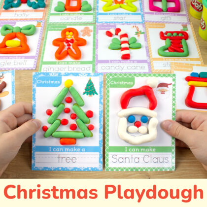 Christmas Holiday themed interactive playdough mats for preschool curriculum. Santa Claus and Christmas Tree mats with play-doh and tracing words.