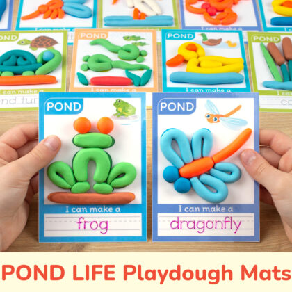 Pond Life themed playdough mats for preschool curriculum. Frog and dragonfly insect mats with play-doh and tracing words.