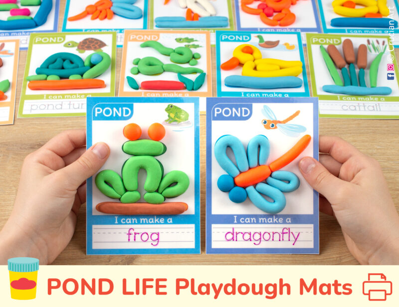 Pond Life themed playdough mats for preschool curriculum. Frog and dragonfly insect mats with play-doh and tracing words.