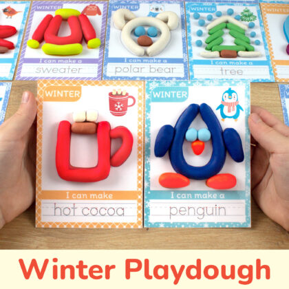 Winter themed interactive playdough mats for preschool curriculum. Penguin and Hot Cocoa mats with play-doh and tracing words.