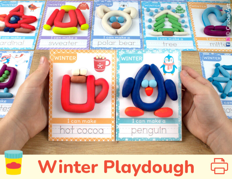 Winter themed interactive playdough mats for preschool curriculum. Penguin and Hot Cocoa mats with play-doh and tracing words.