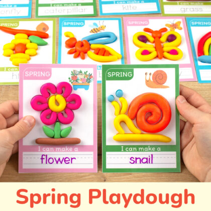 Spring themed interactive playdough mats for preschool curriculum. Flower and Snail mats with play-doh and tracing words.