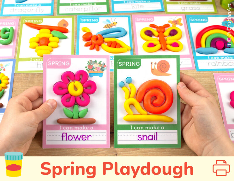 Spring themed interactive playdough mats for preschool curriculum. Flower and Snail mats with play-doh and tracing words.