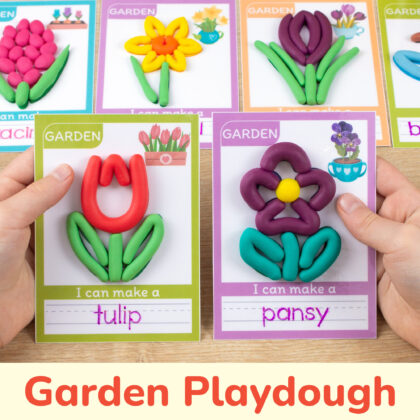 Spring Garden themed playdough mats for preschool curriculum. Tulip and Pansy flower mats with play-doh and tracing words.