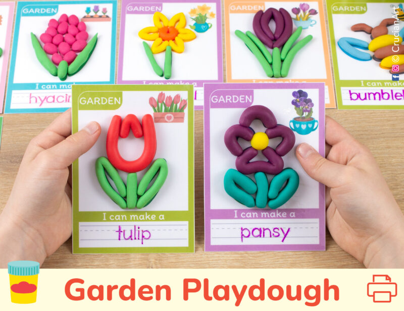 Spring Garden themed playdough mats for preschool curriculum. Tulip and Pansy flower mats with play-doh and tracing words.