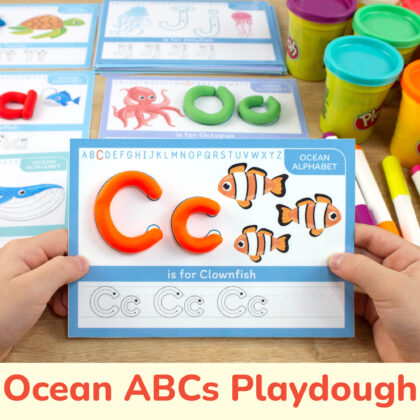 Ocean Animals Alphabet playdough mats for preschool and kindergarten curriculum. Clownfish mat with play-doh and tracing A letters.