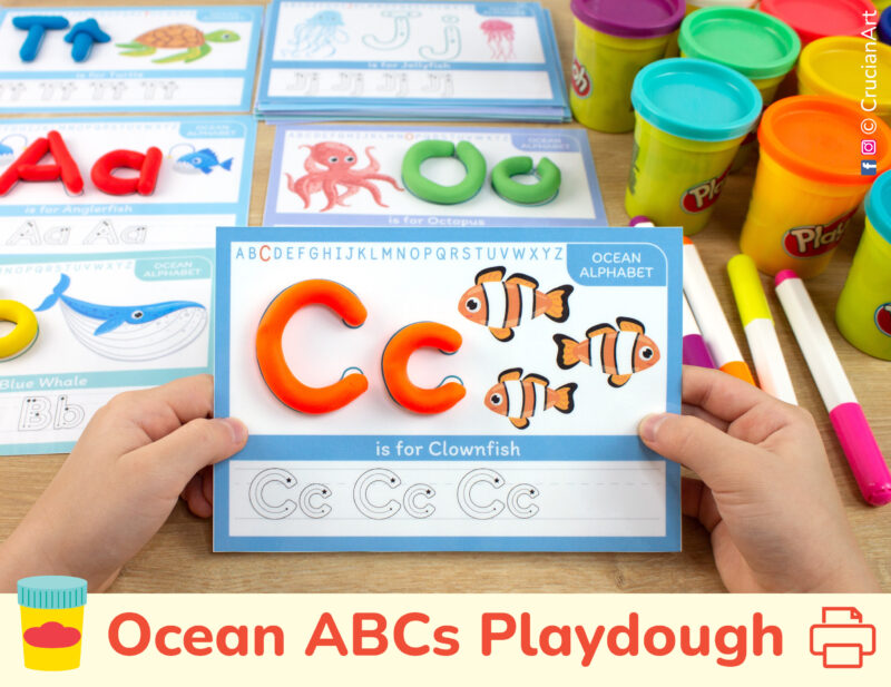 Ocean Animals Alphabet playdough mats for preschool and kindergarten curriculum. Clownfish mat with play-doh and tracing A letters.