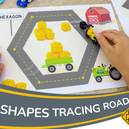 Construction trucks theme early math activity. Printable worksheets to learn 2d geometric shapes. Toddler and preschool homeschool learning resource.