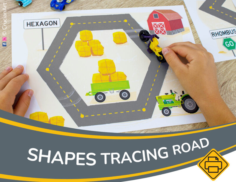 Construction trucks theme early math activity. Printable worksheets to learn 2d geometric shapes. Toddler and preschool homeschool learning resource.