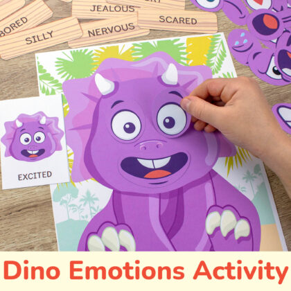 Triceratops dinosaur emotions and feelings activity for kids. Emotional intelligence printable resource for toddlers. Empathy-building preschool activities.