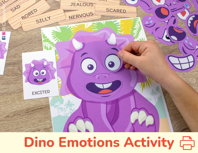 Triceratops dinosaur emotions and feelings activity for kids. Emotional intelligence printable resource for toddlers. Empathy-building preschool activities.