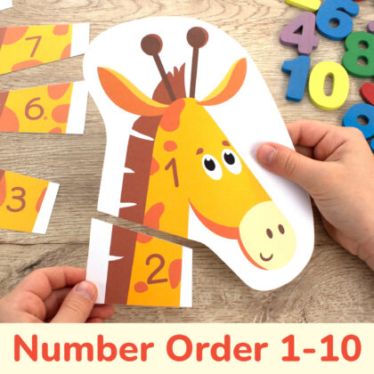 Build giraffe puzzle activity for toddlers and preschoolers. Learning resource to practice number sequence from one to ten.