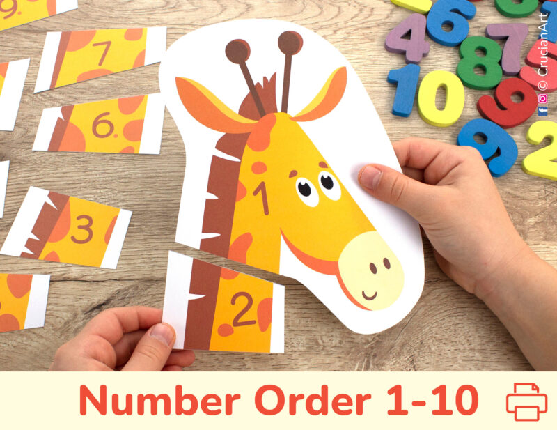 Build giraffe puzzle activity for toddlers and preschoolers. Learning resource to practice number sequence from one to ten.