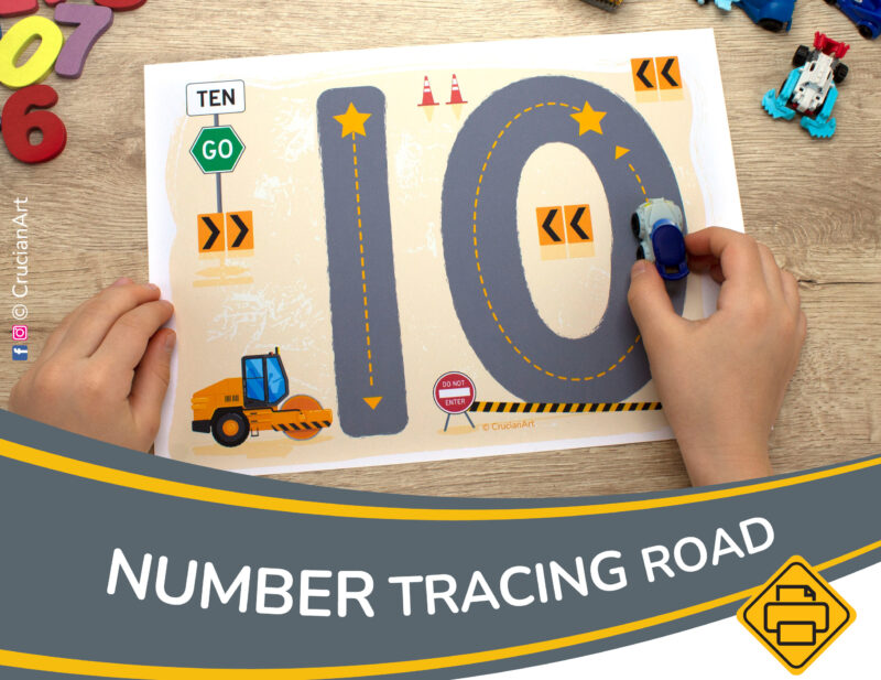 Construction trucks theme early math activity. Printable worksheets to learn numbers up to ten. Toddler and preschool homeschool learning resource.