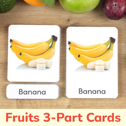Real photo Fruits and Berries three part cards set: Banana flashcard, photographic picture card, and label with matching word. Preschool and kindergarten printable educational resource for healthy food curriculum.