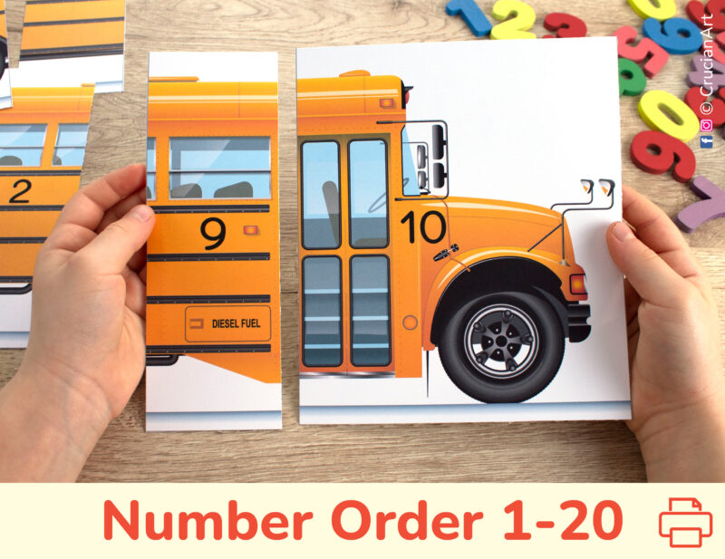 School bus puzzle printable counting activity for toddlers and preschoolers. Learning resource to practice number sequence from one to ten or from eleven to twenty.