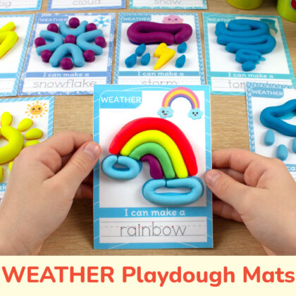 Weather themed interactive playdough mats for preschool curriculum. A rainbow mat with play-doh and tracing words.