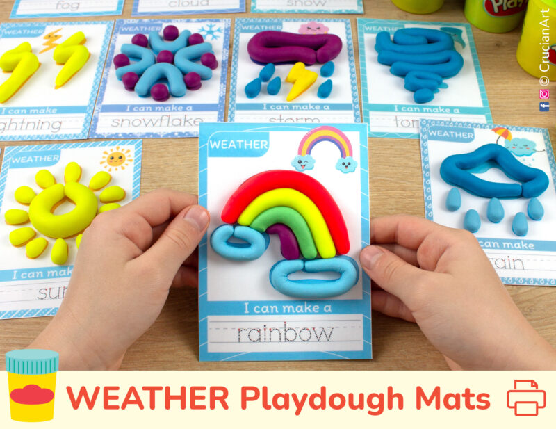 Weather themed interactive playdough mats for preschool curriculum. A rainbow mat with play-doh and tracing words.