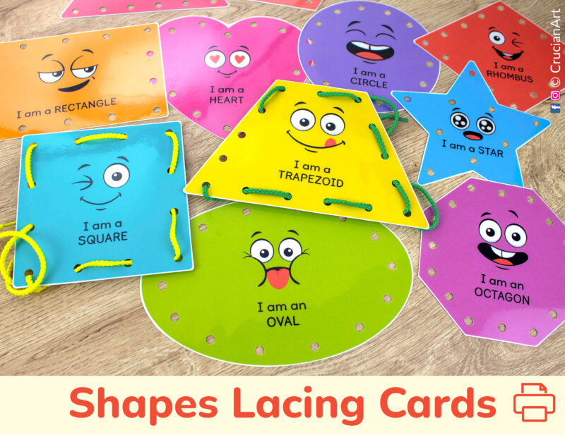 Set of printable lacing cards to learn about 2d geometric shapes and practice fine motor skills. Toddler and preschool homeschool learning resource. Sew cards in shapes of a square, trapezoid, oval, rectangle, octagon, circle, star.