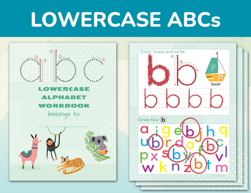 Printable lowercase alphabet workbook. Small letters tracing worksheets for kids. Preschool classroom and homeschool printables.