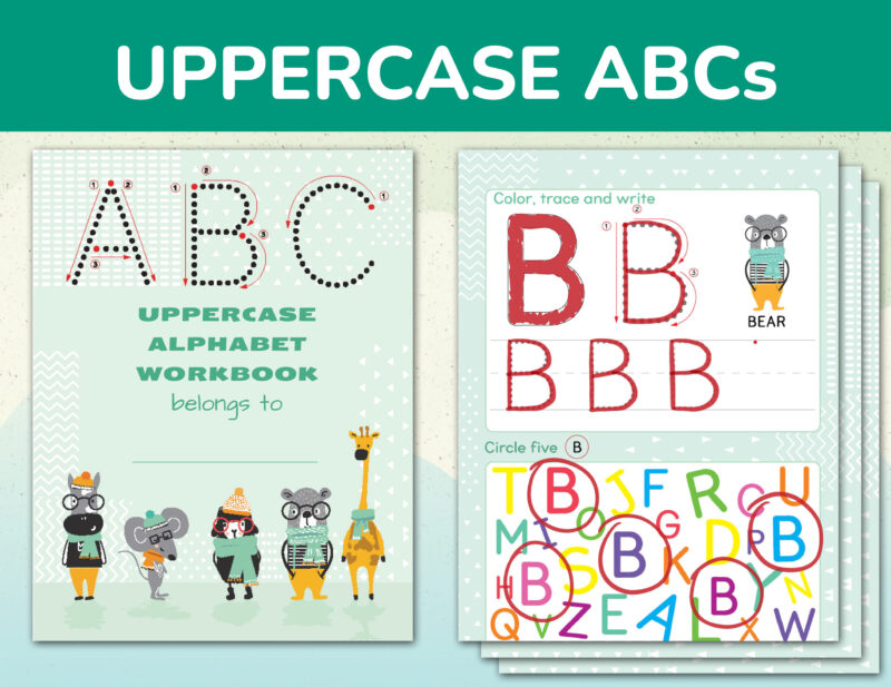 Printable uppercase alphabet workbook. Capital letters tracing worksheets for kids. Preschool classroom and homeschool printables.