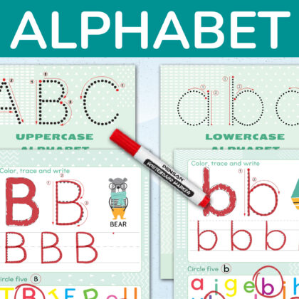 Set of printable alphabet workbook. Uppercase and lowercase letters tracing worksheets for kids. Preschool classroom and homeschool printables.