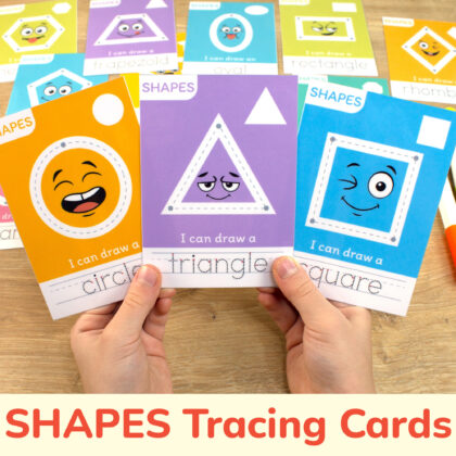 Set of printable cards to learn 2d geometric shapes and shapes names. Toddler and preschool homeschool learning resource. Flashcards with triangle, square, and circle.